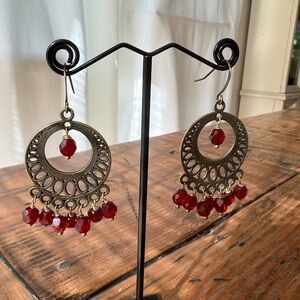 Chandelier earrings antiqued brass with deep red glass